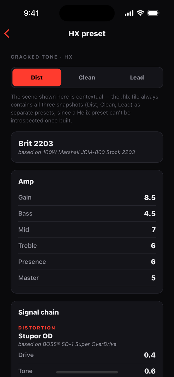 An HX Stomp preset cracked from the record — a Brit 2203 amp with Dist, Clean and Lead snapshots, an overdrive, reverb and a 10-band graphic EQ, ready to load in HX Edit.