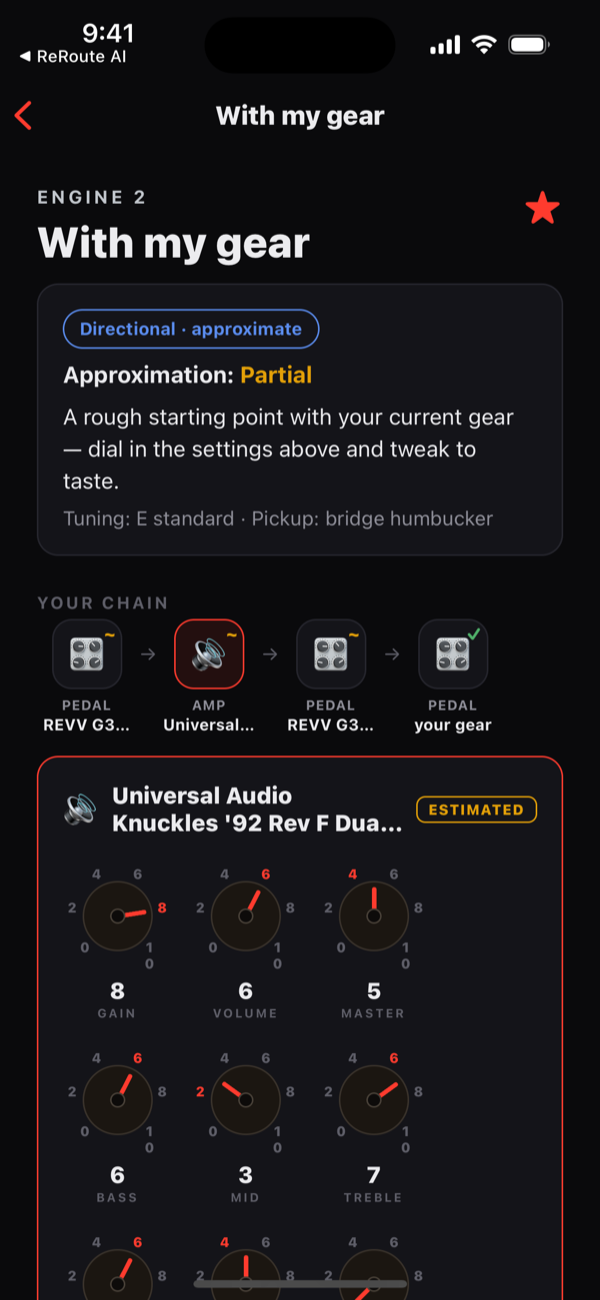 Crack it with your gear — the tone approximated on the pedals and amp you already own, with per-knob settings.