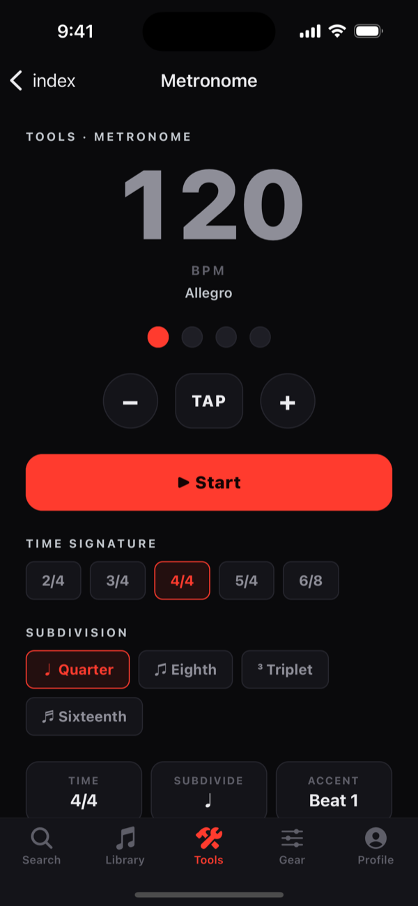 The built-in metronome — 40 to 240 BPM with tap tempo, time signatures and subdivisions.