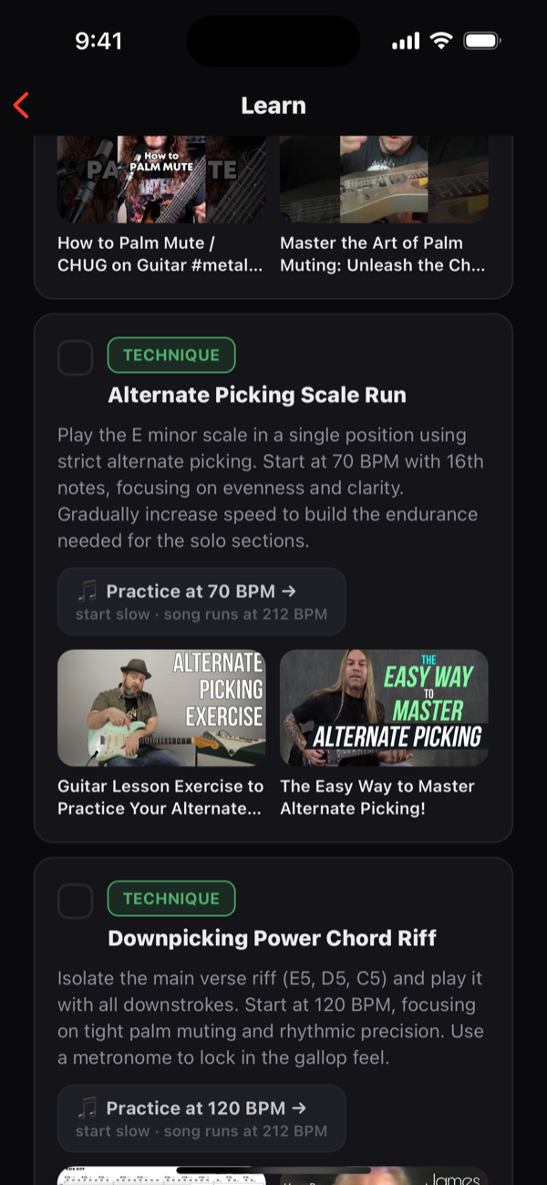 The Learn tab's practice plan — warm-up and technique drills like alternate-picking and palm-muting, each with a metronome tempo and matched tutorial videos to watch.