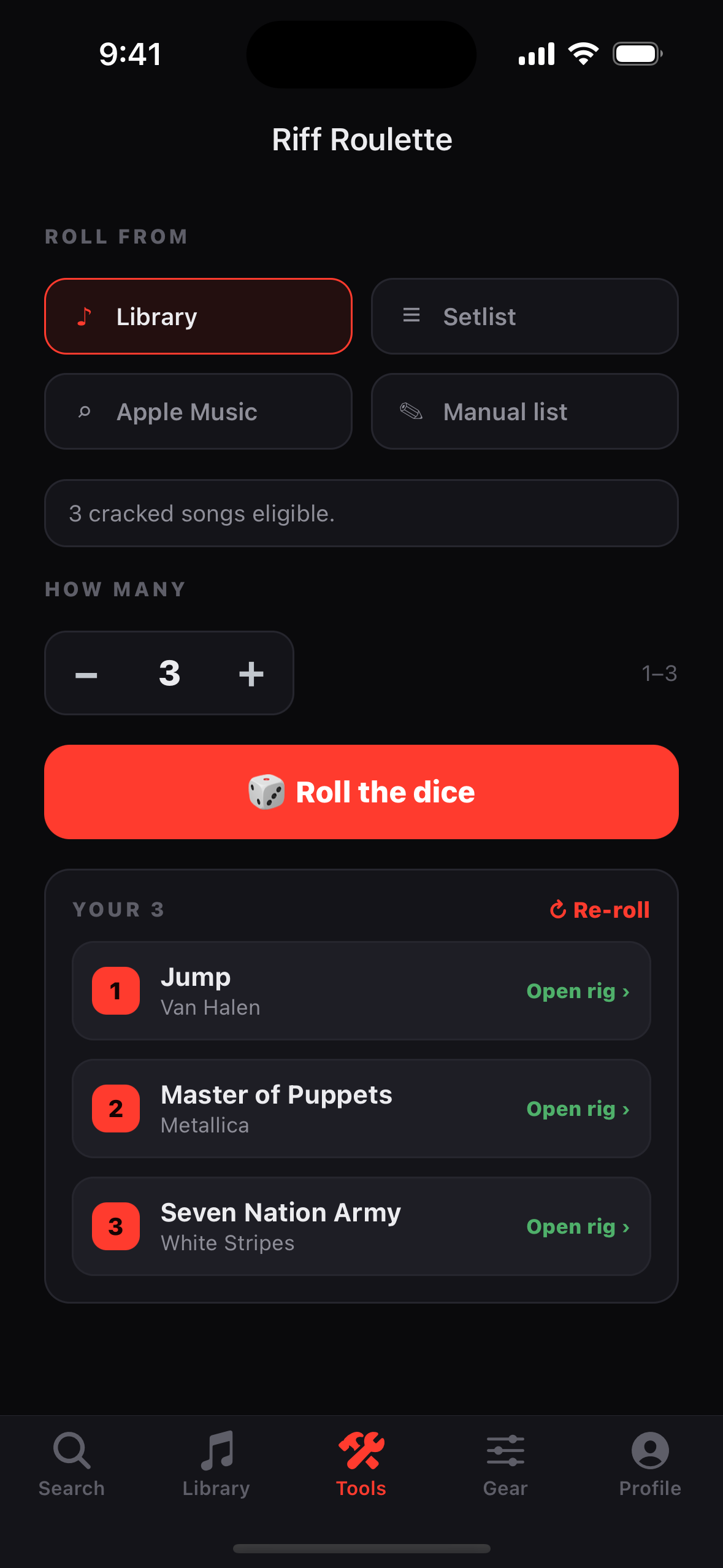 Riff Roulette — pick a source, roll a random practice set. Each pick links straight to its in-app rig or a Songsterr search.