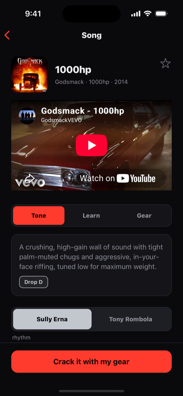 A cracked song in Crack That Tone — the official video, the tuning, and Tone, Learn and Gear tabs for the sound, how to play it, and the gear behind it.