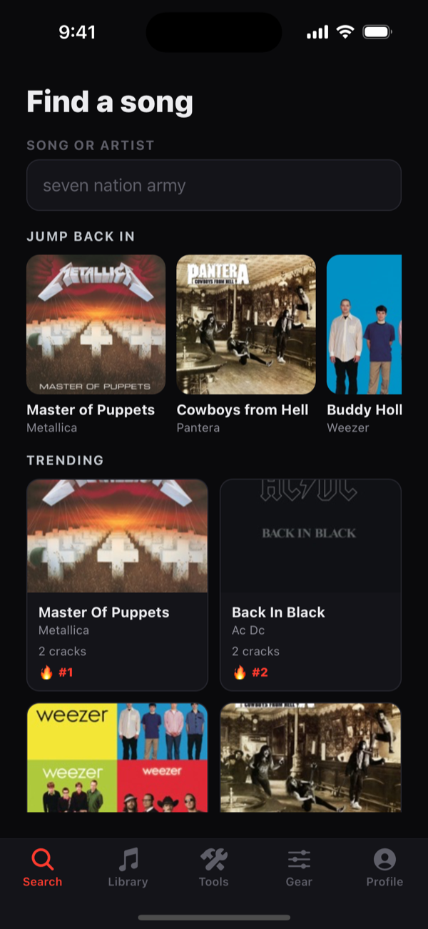 Finding a song in Crack That Tone — search the Apple Music catalog, with trending and recently cracked tones.